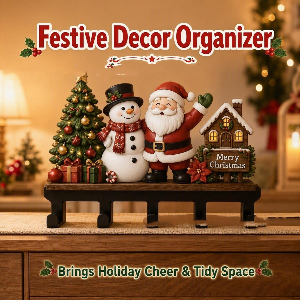Christmas Themed Wall Mount Key Hook Rack - Festive Decorative Storage Organizer for Entryway Holiday Season
