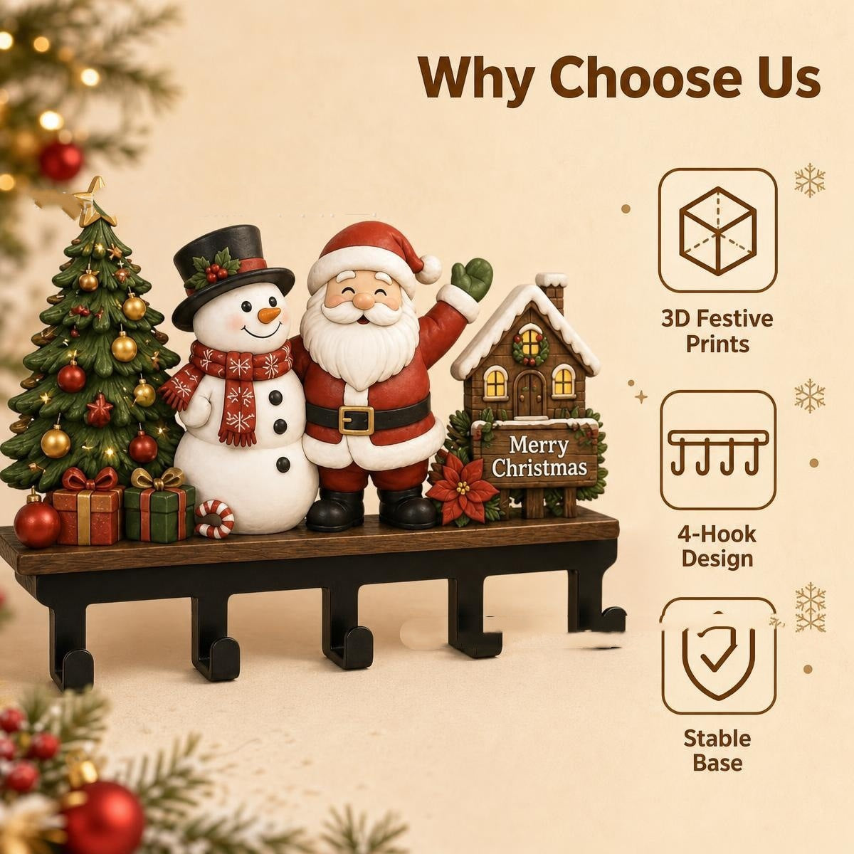 Christmas Themed Wall Mount Key Hook Rack - Festive Decorative Storage Organizer for Entryway Holiday Season