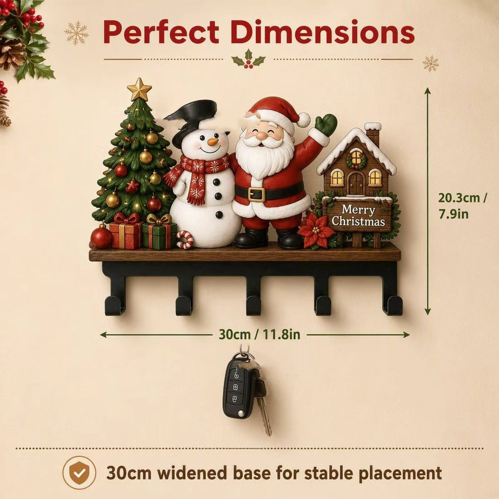 Christmas Themed Wall Mount Key Hook Rack - Festive Decorative Storage Organizer for Entryway Holiday Season