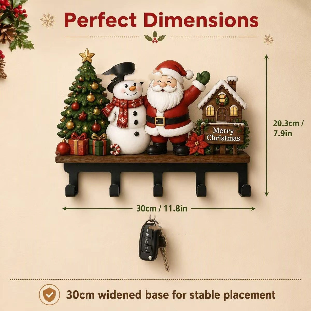 Christmas Themed Wall Mount Key Hook Rack - Festive Decorative Storage Organizer for Entryway Holiday Season