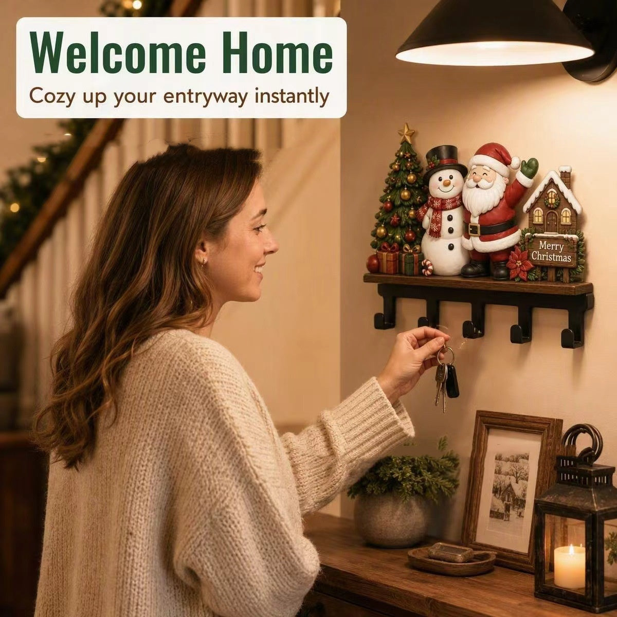 Christmas Themed Wall Mount Key Hook Rack - Festive Decorative Storage Organizer for Entryway Holiday Season